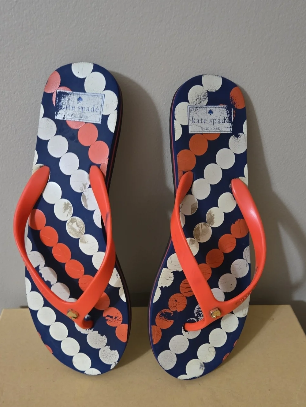 kate spade navy flip flops with white and coral polka dots Size 10M